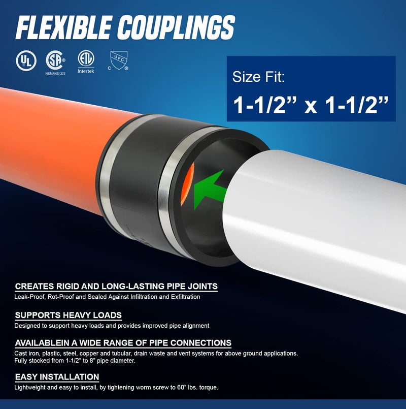SUPPLYGIANT Supply Giant 6I46x10 Flexible PVC Coupling with Stainless Steel clamps 1-1/2'', Black (pack of 10) - Image 3